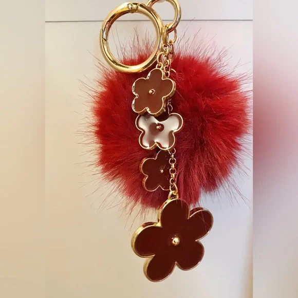 Plush Pom Pom Flower Keychain - Wine - Picture 3 of 3